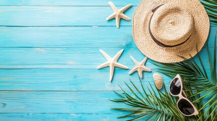 A straw hat, sunglasses, and palm leaves on a blue wooden background. The image features a casual summer outfit with a hat and sunglasses, and a tropical