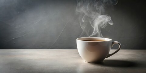 Aromatic steam rising from a warm beverage in a simple white mug, resting on a smooth gray surface against a dark backdrop.