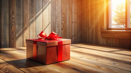 A sunlit red gift box with a large satin bow rests on a rustic wooden surface, near a window