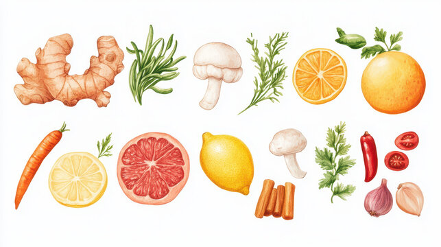 Arrangement of fresh organic fruits and vegetables including ginger carrot citrus lemon lemon ginger mushroom herbs chili garlic on white background