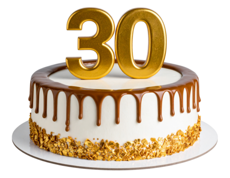 Modern Style 30th Number Cake with Gold Accents and Chocolate Drip, angled view, transparent background.