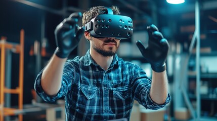 A man wearing a VR headset and gloves interacts with a virtual environment in a tech-focused setting.