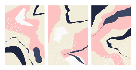 Trendy abstract backgrounds with organic shapes in soft pink, navy, and cream tones perfect for branding, web design, posters, or creative projects vector illustration