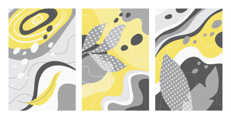 Trendy abstract backgrounds with organic shapes, leaves, and flowing lines in yellow, grey, and white perfect for creative design, branding, posters, or digital art vector illustration