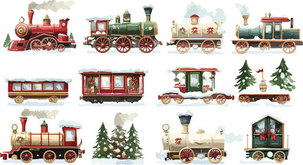 A playful merry-go-round vector illustration featuring vintage train and locomotive designs with a touch of old-fashioned travel and transportation icons