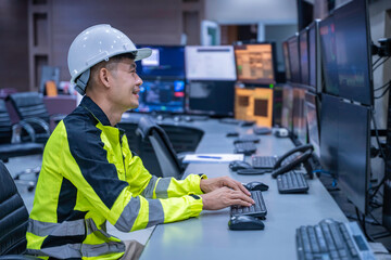 Engineer working at control room, Manager control system, Technician man monitoring program from a lot of monitor.Specialist observes analytics dashboard,operator inspects digital interface
