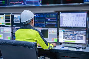 Engineer working at control room, Manager control system, Technician man monitoring program from a lot of monitor.
Specialist observes analytics dashboard,operator inspects digital interface