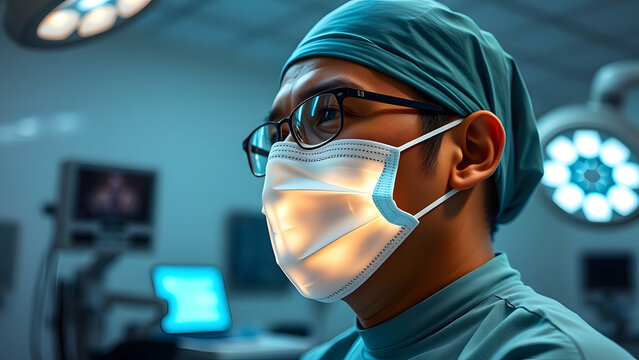Focused male surgeon wearing a mask and glasses in a high-tech operating room.