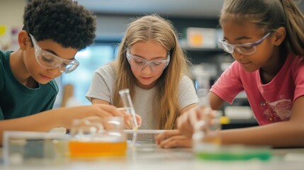 Three diverse students wearing safety goggles conduct a focused science experiment together in a classroom setting.