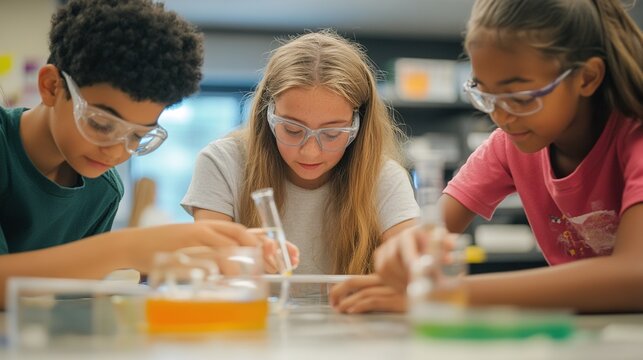 Three diverse students wearing safety goggles conduct a focused science experiment together in a classroom setting.
