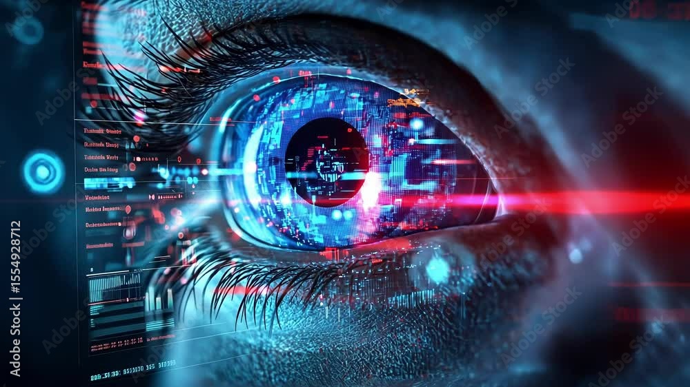 Poster close up of an eye overlayed with digital data and computer code, representing the concept of vision