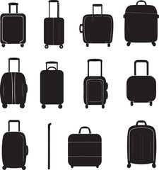 Collection of Stylized black vector illustration showcasing travel suitcase silhouettes