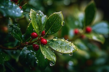 Holly branch with leaves and red berries adorned with numerous water droplets