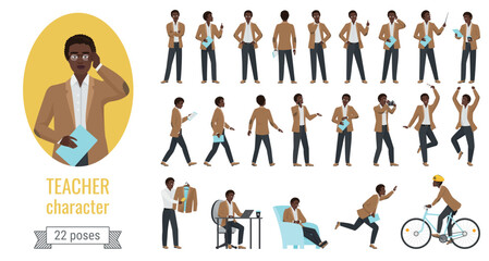 Stylish black african american man teacher poses vector illustration set. Cartoon executive adult male lector character posing in pointing, thinking, speaking on lecture presentation, gestures set