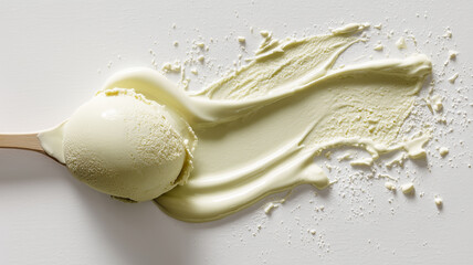 Pale yellow scoop of ice cream melting slowly on a white background, wooden spoon holding the scoop, with creamy streaks spreading outward