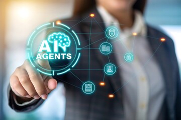 Person's Finger Touching A I Agents Icon with Brain Symbol