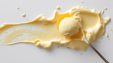 Cream-colored scoop of melting ice cream resting on a silver spoon with thick creamy puddles on a flat white surface