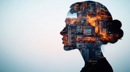 Abstract silhouette of a woman's profile with cityscape urban night lights overlay and luminous modern skyline