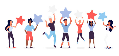 Group of diverse people holding large colorful stars representing customer feedback, rating, and review concepts for business, service, or product evaluation isolated on white background vector