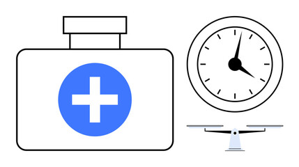 Medical kit with a blue cross, clock indicating time, and balance scale symbolizing health, time, and equilibrium. Ideal for healthcare, emergency, wellness, scheduling time management balance