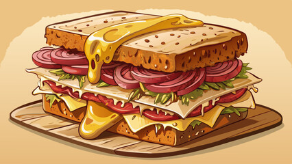 Thinly sliced corned beef, Swiss cheese, sauerkraut, and Russian dressing are grilled inside rye bread until crispy. The edges are browned and slightly oily. Melty cheese peeks out from the layers. 