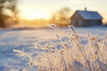 Obraz premium Winter sunrise over frosted grass and a small house