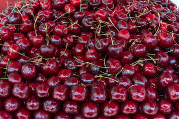 Fresh cherries piled high showcasing the bounty of summer harvest. Glossy red cherries arranged in...