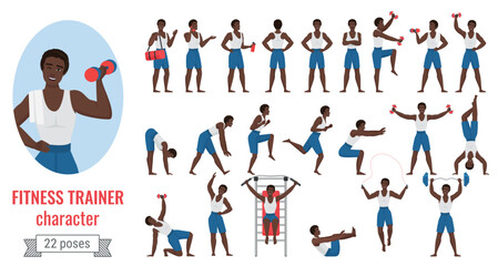 Fitness sport trainer man poses vector illustration set. Cartoon young sportive male character in sportswear holding dumbbells, posing in different exercise positions, gym workout isolated on white