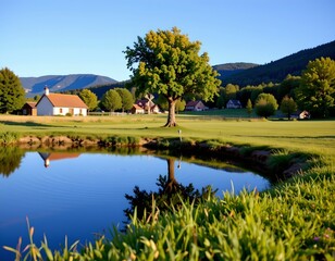 the image depicts a serene rural landscape, in the foreground, there is a small body of water, which appears to be a pond or lake, reflecting the clear blue sky