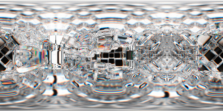 A seamless HDRI environment map with intricate kaleidoscopic symmetry. Features refractive crystal-like structures, geometric patterns, and a monochrome color scheme with chromatic dispersion.