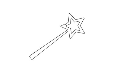 continuous line drawing of magic wand with star head.one line drawing of magic wand for carnival event, isolated white background, Magic Wand Icon Flat Design, minimal.
