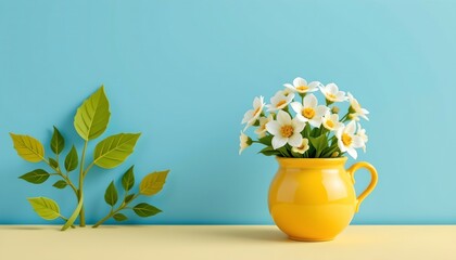 the image presents a cheerful still life position, the primary subject is a ceramic container filled with flowers with white petals and centers, the container is a bright