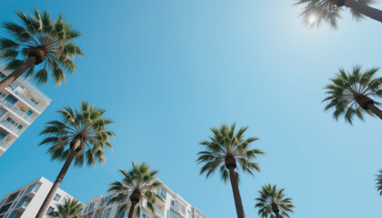 Palm trees line a street with tall buildings under a clear blue sky.