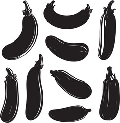 Collection of Black vector illustration of minimalist zucchini silhouettes