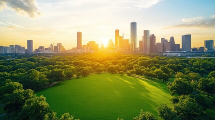 Obraz premium Vibrant city skyline du sunset with lush green park in foreground showcasing urban natural harmony