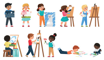 Kids painting vector illustration set. Cartoon young artist characters drawing art work with painting tools, preschool or school children standing in front of easel, childhood hobby isolated on white