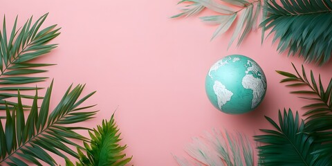 Vibrant Globe Surrounded by Tropical Leaves on a Pink Background