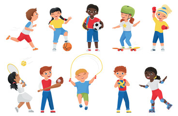 Children enjoying different sports including soccer, basketball, tennis, baseball, boxing, volleyball, skateboarding, skipping rope, running, and roller skating for healthy lifestyle vector