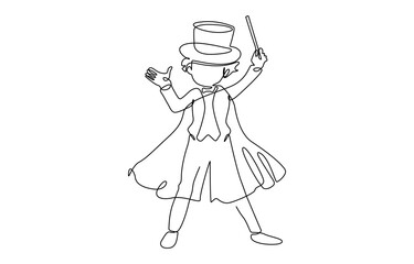 Single continuous line drawing the magician puts on a show by getting a bird out of his magic hat. A very, Professional work profession and occupation minimal concept.