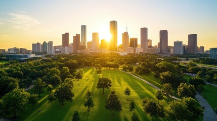 Vibrant city skyline with modern tall skyscrapers bright sunlight rising over lush green park and open spaces