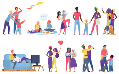 Fototapeta premium Lgbt couple people vector illustration flat set. Cartoon happy man woman lover characters hug, spend time together, gay lesbian parents take care of adopted children, parental love isolated on white