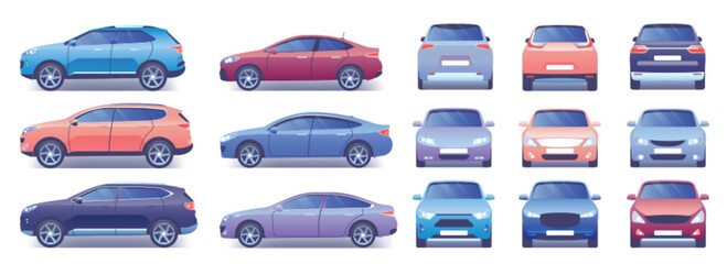 Modern car vector illustration set. Cartoon flat side front back view collection with colorful car and closed trunk, compact city crossover, passenger sedan car, transport mockup template isolated set