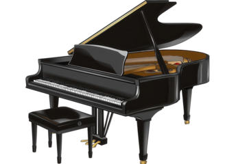 Elegant black piano on a transparent background showcasing refined design and craftsmanship in classical music decor