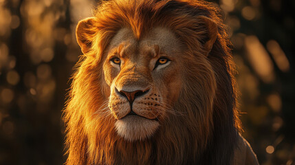 Fototapeta premium Majestic lion with golden mane looking into distance at sunset in natural wildlife environment