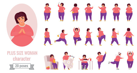 Plus size woman poses vector illustration set. Cartoon cute fat female character collection with large curvy lady posing, doing sport or yoga exercises and skating, eating big cake isolated on white