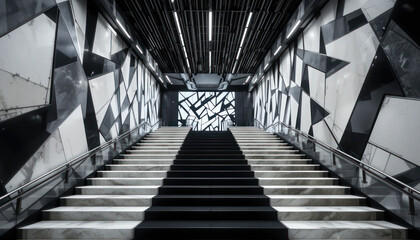 Modern, black and white interior staircase with geometric wall art.