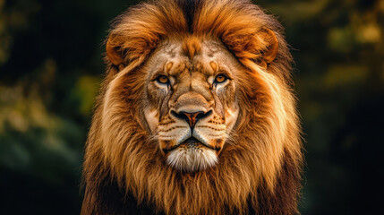 Fototapeta premium Majestic African Lion Close-Up Portrait with Intense Gaze and Detailed Facial Features in Natural Habitat