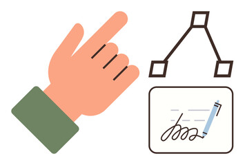 Hand pointing upward with flowchart nodes and a signed document symbolizes decision-making, processes, and agreements. Ideal for workflow, contracts, planning, choice, verification, automation