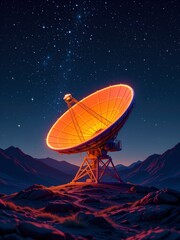 create a vibrant artwork featuring a glowing polygonal satellite dish against a dark starry sky, emitting signals, use vivid amber tones, bright rim lighting