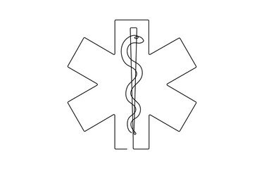 Star of Life medical sign in continuous line art drawing style. Emergency medical services symbol black outline , isolated on white background. Vector illustration, Medical symbol blue Star of Life .
